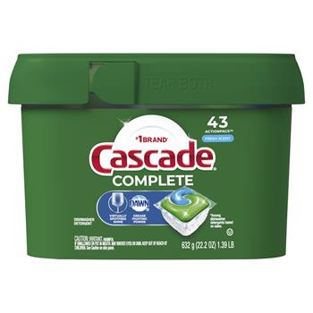 Cascade Complete Dishwasher Pods, ActionPacs Dishwasher Detergent, Fresh Scent, 43 Count, 6/Carton