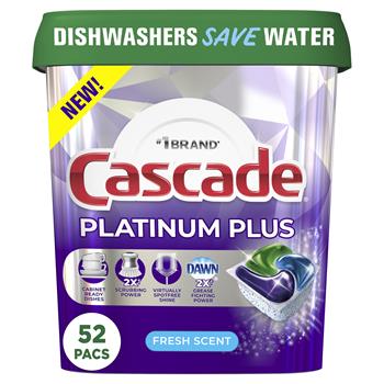 Cascade Platinum Plus ActionPacs, Dishwasher Detergent Pods, Fresh Scent, 52 Pods/Tub, 3 Tubs/Carton