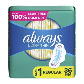 Always Ultra Thin Pads with Flexi-Wings, Size 1, Regular, Unscented, 36 Count, 6/Carton