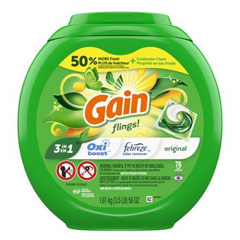 Gain Flings Laundry Detergent Soap Pacs, HE Compatible, Long Lasting Scent, Original Scent, 76/Pack, 4/Carton