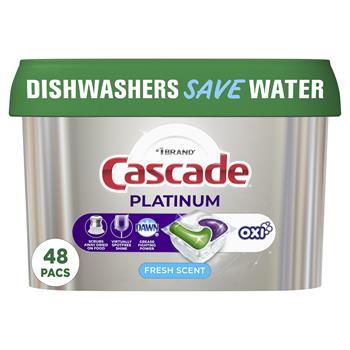 Cascade Platinum ActionPacs + Oxi, Dishwasher Detergent Pods, Fresh Scent, 3/Carton