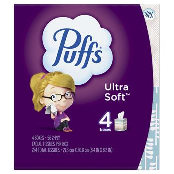 Puffs&#174; Ultra Soft Non-Lotion Facial Tissue, White, 56 Tissues per Cube, 4 Boxes/Pack, 6 Packs /CT