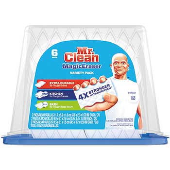 Mr. Clean Magic Eraser Foam Pad, 2 2/5&quot; x 4 3/5&quot;, Variety Pk, White/Blue, 6/Pk, 3 Pks/Ctn