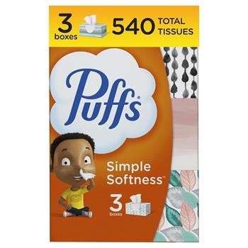 Puffs Simple Softness Non-Lotion Facial Tissue, 180 Tissues per Box, 3/PK