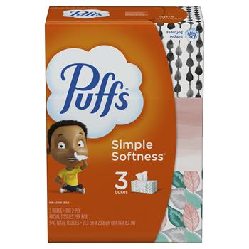 Puffs&#174; Simple Softness Non-Lotion Facial Tissue, 180 Tissues per Box, 3 Boxes/Pack, 8 Packs/Carton