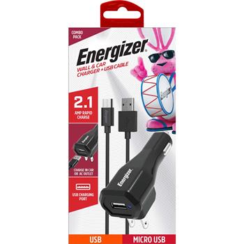 Energizer Combo USB Wall and Car Charger with Micro USB Cable, 2.1 AMP, Black
