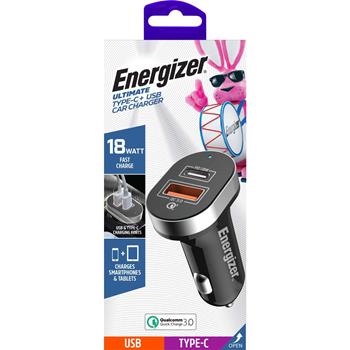 Energizer Power Delivery Quick Charge USB and Type-C Car Charger, 18 W, Black