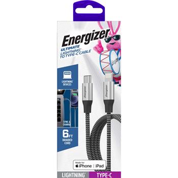 Energizer Lightning to USB-C Cable, 6&#39;, Braided, Silver and Black