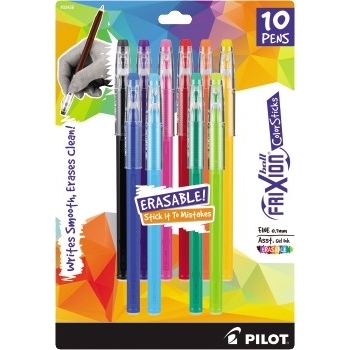 Pilot FriXion ColorSticks Erasable Gel Ink Pen, Fine, 0.7 mm, Assorted Ink, 10/PK