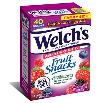 Welch&#39;s Fruit Snacks, Berries &#39;N Cherries Flavored, 0.8 oz, 40 Pouches/Pack