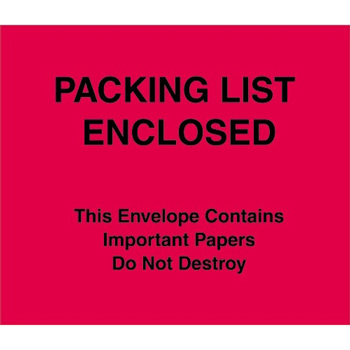 Tape Logic Packing List Enclosed Important Papers Enclosed Envelopes (Paper Face), 7&quot; x 6&quot;, Red, 1000/CS