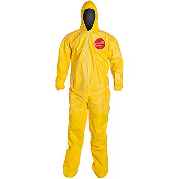 DuPont Tychem&#174; 2000 Hooded Coveralls, Elastic Wrists, Attached Socks, Yellow, 3X-Large, 12/CS