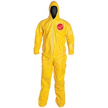 DuPont Tychem Protective Hooded Coverall, Elastic Wrist, Attached Sock, Hood, 4XL, Polyethylene, Yellow, 12/CS