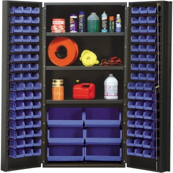 Quantum Storage Systems All-Welded Bin Cabinet, Adjustable Shelves, Blue, 102 Bins