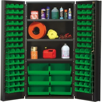 Quantum Storage Systems All-Welded Bin Cabinet, Adjustable Shelves, Green, 102 Bins