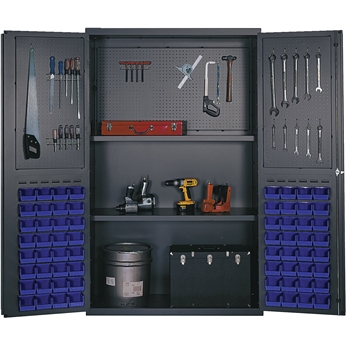 Quantum Storage Systems All-Welded Bin Cabinet, 2 Adjustable Shelves, Blue, 64 Bins