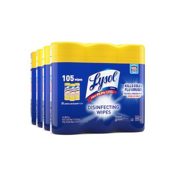 Lysol Disinfecting Wipes, 7 x 8, Lemon &amp; Lime Blossom Scent, 35/Canister, 3 Canisters/Pack, 4 Packs/Carton