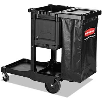 Rubbermaid Commercial Executive Series Janitorial and Housekeeping Cleaning Cart with Locking Cabinet, Wheeled with Zippered Black Vinyl Bag, 38.4&quot; H x 21.8&quot; W x 46&quot; L, Black