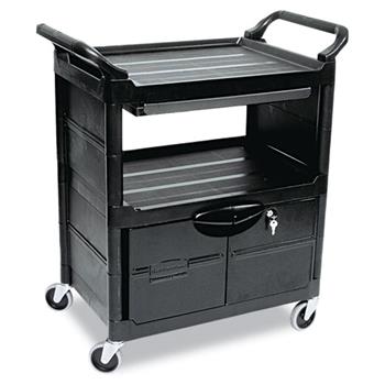 Rubbermaid Commercial Service/Utility Cart with Lockable Doors, Sliding Drawer, 200 lb. Capacity, Black
