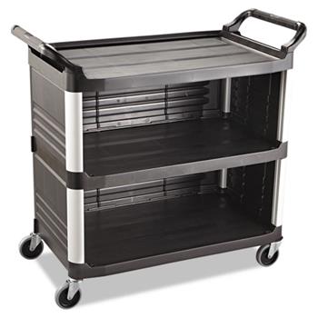 Rubbermaid Commercial Heavy-Duty 3-Shelf Rolling Service/Utility Cart, with Locking Doors and Sliding Drawer, 300 lb. Capacity, Black