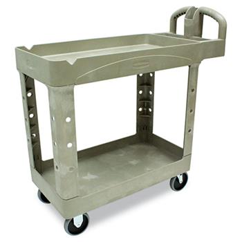 Rubbermaid&#174; Commercial Heavy Duty 2-Shelf Utility/Service Cart, Small, Lipped Shelves, Ergonomic Handle, 500 lbs. Capacity, Beige