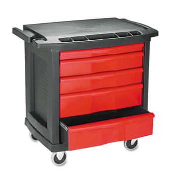 Rubbermaid Commercial Mobile Tool Work Center, 5 Drawers, 250 lb. Capacity, Black
