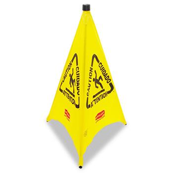 Rubbermaid Commercial 3-Sided Multilingual Wet Floor Pop Up Floor Cone with Storage Tube, Portable/Wall-Mount, 30in, Yellow