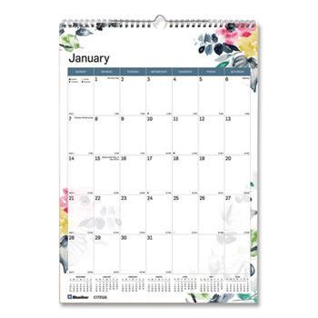Rediform Blueline Monthly Wall Calendar, 12 Month, 12&quot; x 17&quot;, Gold Wire, Watercolor, Jan 2024 - Dec 2024