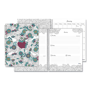 Blueline DoodlePlan™ Weekly/Monthly Coloring Pages Planner, 11&quot; x 8 1/2&quot;, Botanica Design, 2022