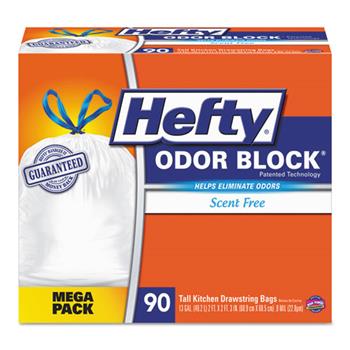 Hefty Odor Block Tall-Kitchen Drawstring Bags, 13 gal., White, 90/BX