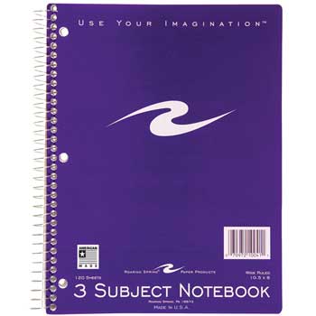 Roaring Spring 3 Subject Notebook, Wide Ruled, 10.5&quot; x 8&quot;, White Paper, Assorted Covers, 120 Sheets