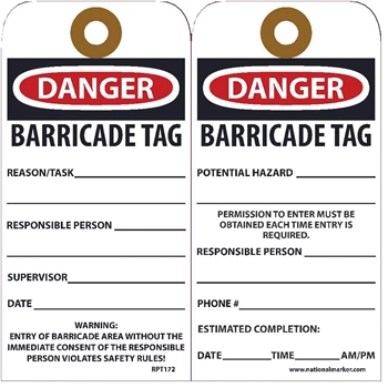 NMC Tags, Danger Barricade Tag, 6&quot;X3&quot;, Unrippable Vinyl with Grommet, 25/PK