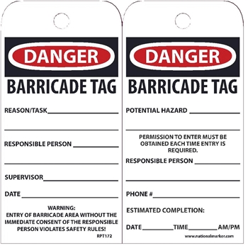 NMC Tags, Danger Barricade Tag, 6&quot;X3&quot;, Unrippable Vinyl, 25/PK
