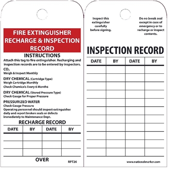NMC™ Tags, Fire Extinguisher Recharge And Inspect., 6&quot;X3&quot;, Unrippable Vinyl, 25/PK