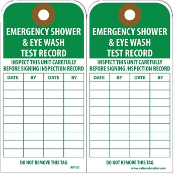 NMC Tags, Emergency Shower And Eye Wash Test Record, 6&quot;X3&quot;, Unrippable Vinyl with Grommet, 25/PK