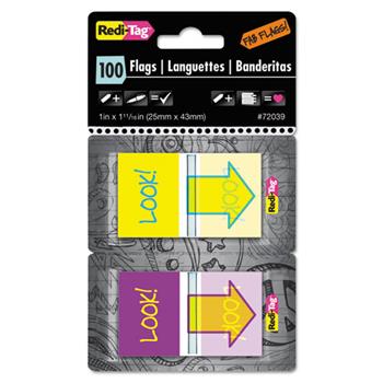 Redi-Tag Pop-Up Fab Page Flags w/Dispenser, &quot;Look!&quot;, Purple/Yellow; Yellow/Teal, 100/Pack