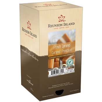 Reunion Island Coffee Pods, French Caramel, Medium, 0.3 oz., 16/BX