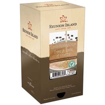 Reunion Island Coffee Pods, Vanilla Hazelnut Cr&#232;me, Medium, 0.3 oz., 16/BX