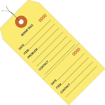 W.B. Mason Co. Repair Tags, Consecutively Numbered, Pre-Wired, 6 1/4&quot; x 3 1/8&quot;, Yellow, 1000 /CS
