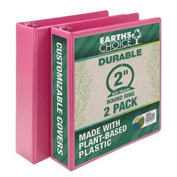 Samsill Earth’s Choice Biobased Durable Fashion Color 3 Ring View Binder, 2&quot; Round Ring, Pink Berry, 2/PK