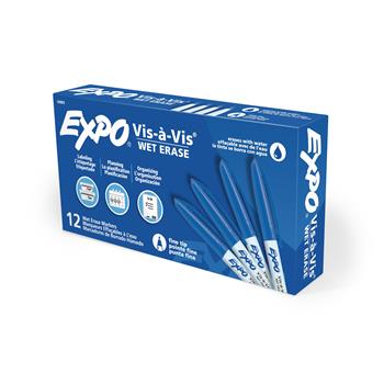 EXPO Vis-&#224;-Vis Wet-Erase Marker, Fine Point, Blue, Dozen