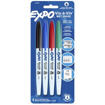 EXPO Vis-a-Vis Wet Erase Markers, Fine Point, Assorted Colors, 4/ST