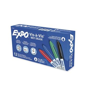 EXPO Vis-a-Vis Wet Erase Marker, Fine Bullet Tip, Assorted, Dozen