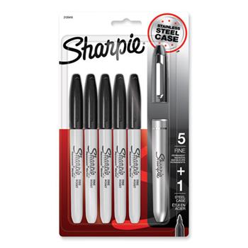 Sharpie Fine Tip Permanent Marker, Stainless Steel Single Marker Case, Black, 5/Pack