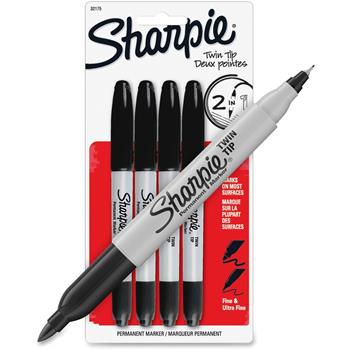 Sharpie Twin-Tip Markers, Fine, Ultra Fine Marker Point, Black, 4/PK