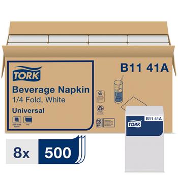 Tork Universal Beverage Napkins, 1-Ply, 9 4/10&quot; W x 9 4/10&quot; L, 1/4 Fold, White, 500 Napkins/Pack, 8 Packs/Carton