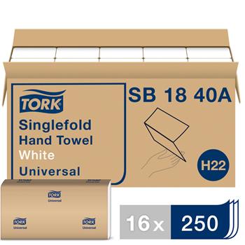 Tork Universal Singlefold Paper Hand Towel, 1-Ply, 9.13&quot; x 10.25&quot;, White, 4000/CT