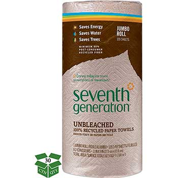 Seventh Generation&#174; Natural Unbleached 100% Recycled Paper Towel Rolls, 11 x 9, 120 Sheets/RL, 30/CT
