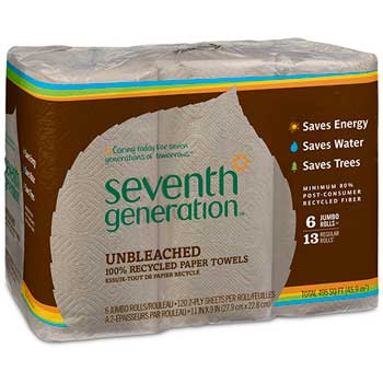 Seventh Generation Natural Unbleached 100% Recycled Paper Towel Rolls, 11&quot; x 9&quot;, 120 Sheets, 6 Rolls/Pack