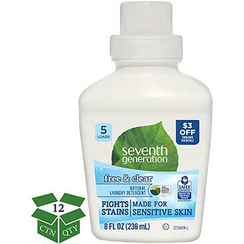 Seventh Generation Natural Liquid Laundry Detergent, Free &amp; Clear, 8 oz Bottle, 12/Carton